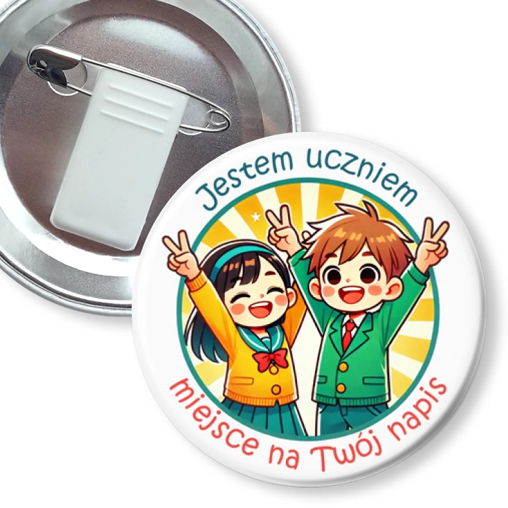 przypinka z żabką i agrafką Jestem uczniem dziewczynka i chłopiec