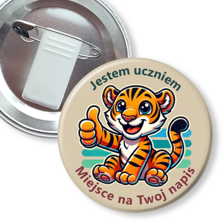 przypinka z żabką i agrafką Jestem uczniem tygrysek