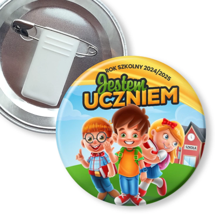 przypinka z żabką i agrafką Jestem uczniem z trójką dzieci