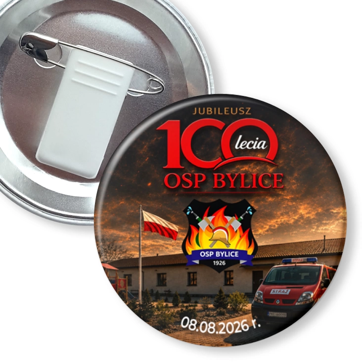 przypinka z żabką i agrafką Jubileusz 100-lecia OSP Bylice