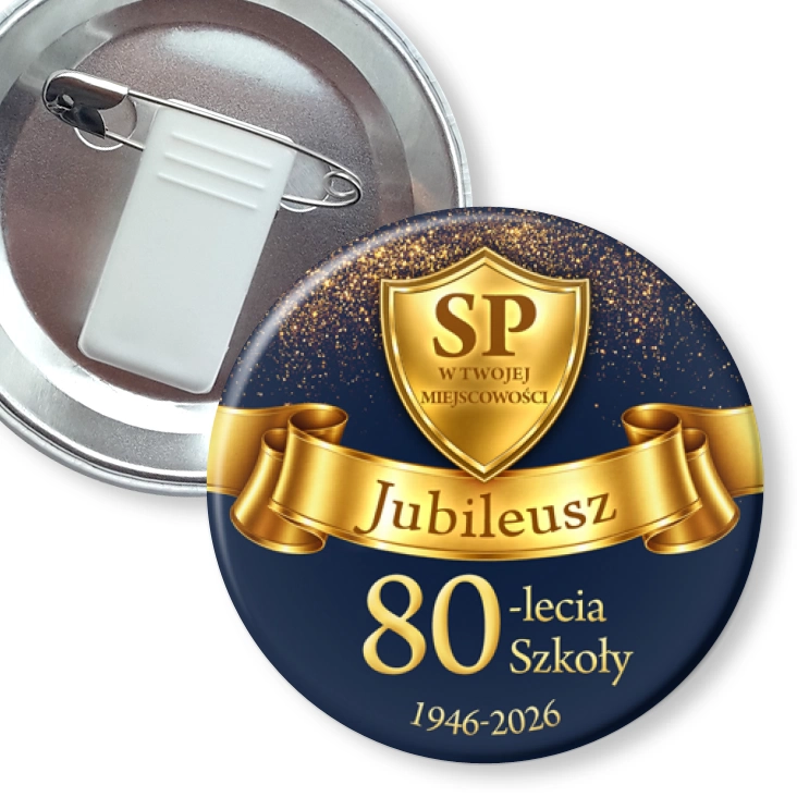 przypinka z żabką i agrafką Jubileusz 80-lecia szkoły