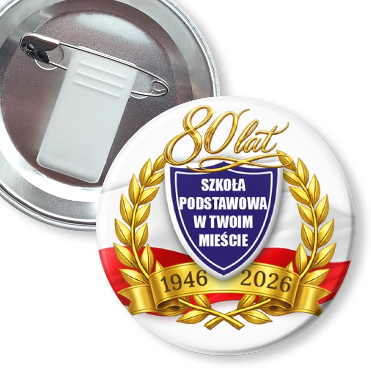 przypinka z żabką i agrafką Jubileusz Szkoły w Twoim Mieście