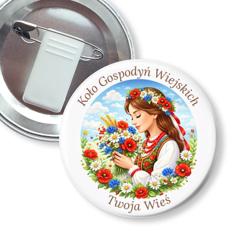 przypinka z żabką i agrafką Koło Gospodyń Wiejskich dziewczyna z kwiatami