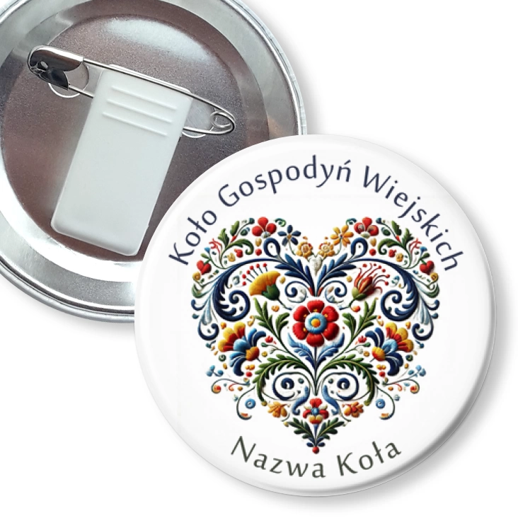 przypinka z żabką i agrafką Koło Gospodyń Wiejskich haftowane serce