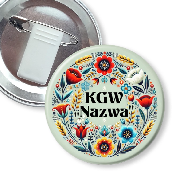 przypinka z żabką i agrafką Koło Gospodyń Wiejskich w stylu kociewskim