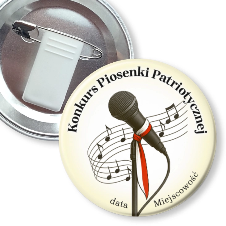 przypinka z żabką i agrafką Konkurs piosenki patriotycznej mikrofon