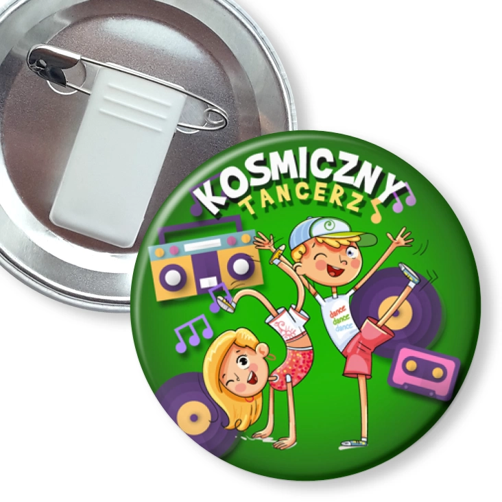 przypinka z żabką i agrafką Kosmiczny tancerz na zielonym tle