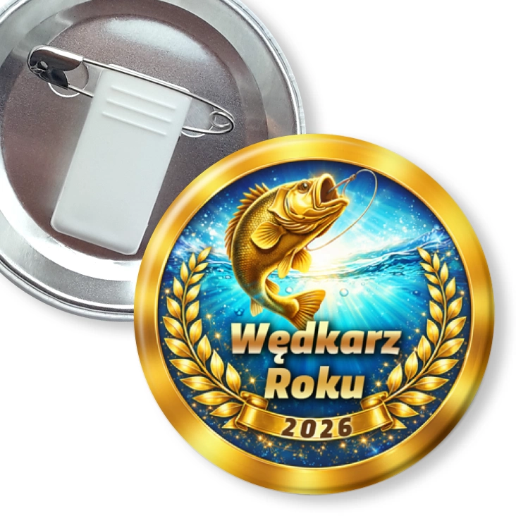 przypinka z żabką i agrafką Laur Wędkarz Roku