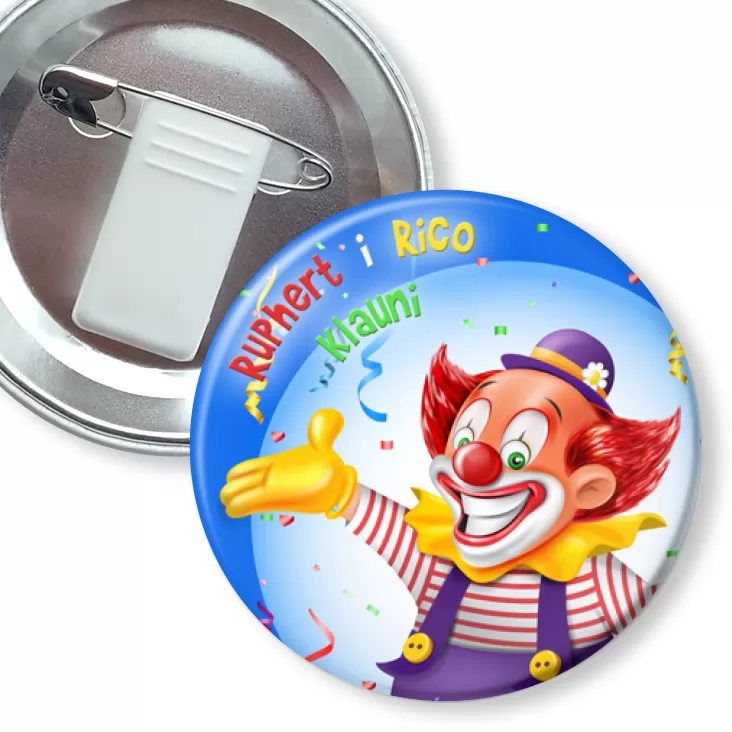 przypinka z żabką i agrafką Ruphert i Rico Klauni