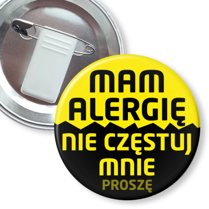 przypinka z żabką i agrafką Mam alergię nie częstuj mnie proszę