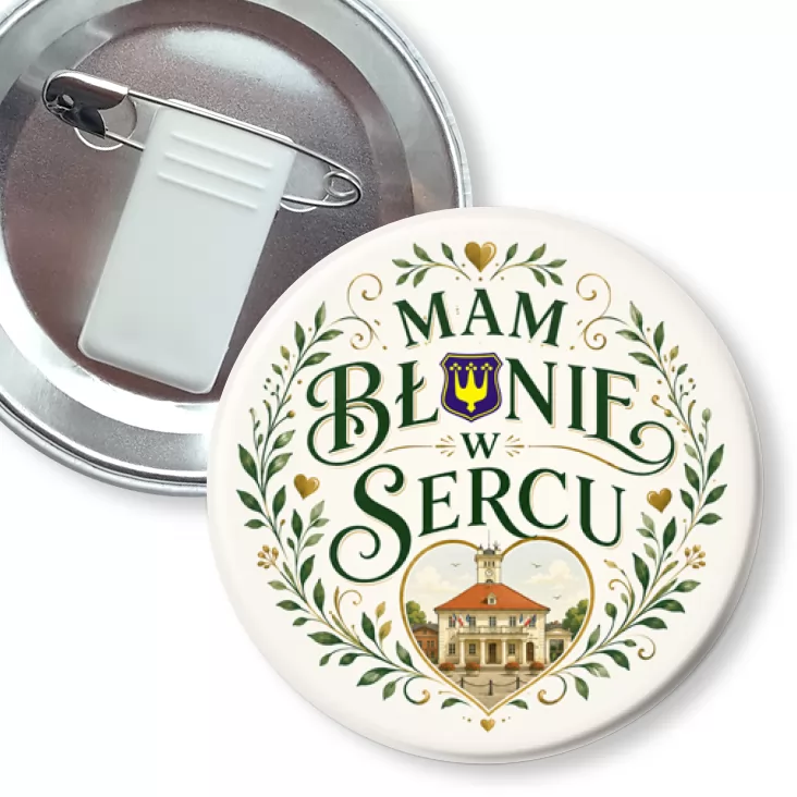 przypinka z żabką i agrafką Mam Błonie w sercu