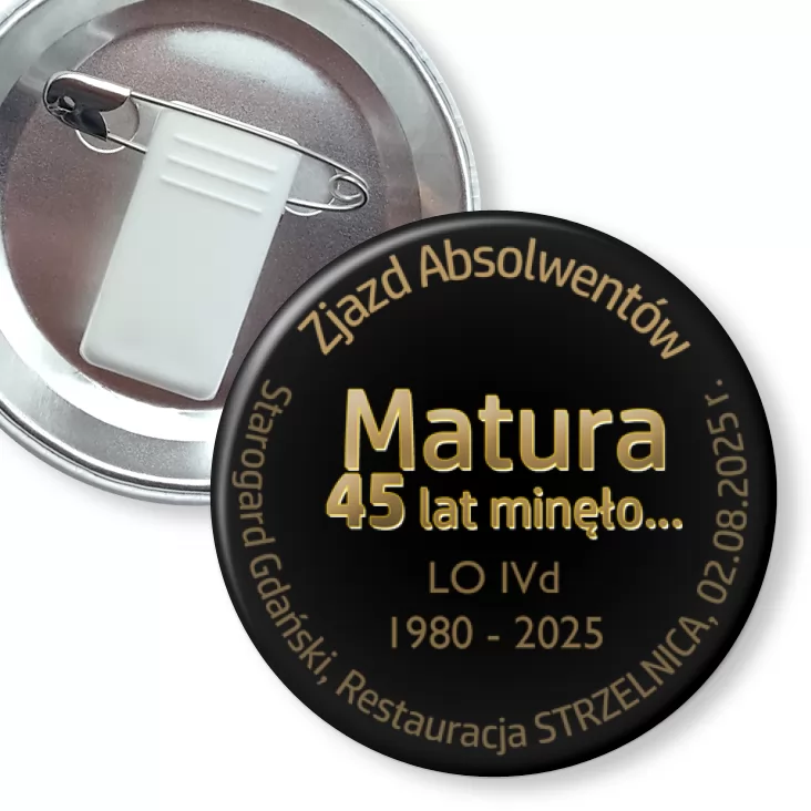 przypinka z żabką i agrafką Matura 45 lat minęło