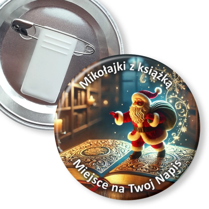przypinka z żabką i agrafką Mikołajki z książką