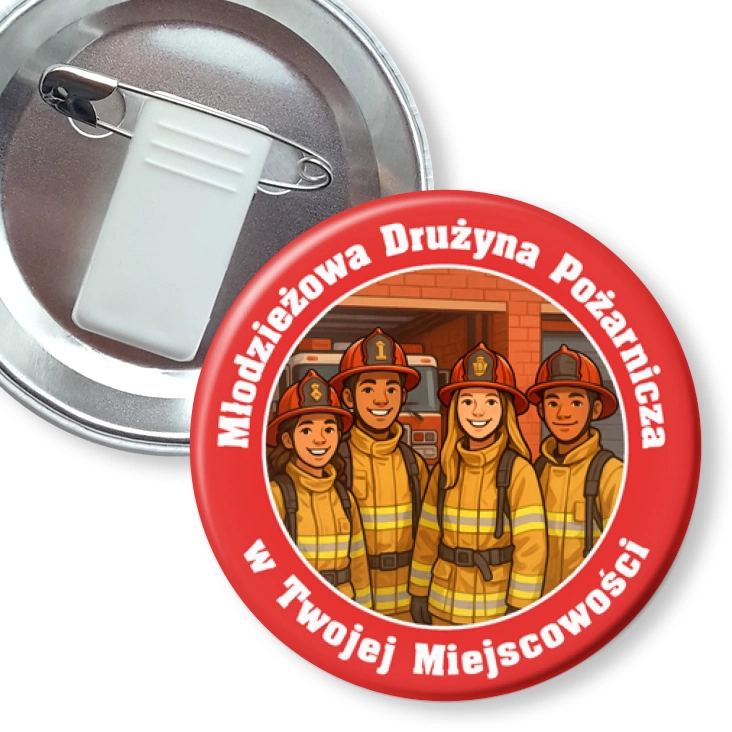 przypinka z żabką i agrafką Młodzieżowa Drużyna Pożarnicza
