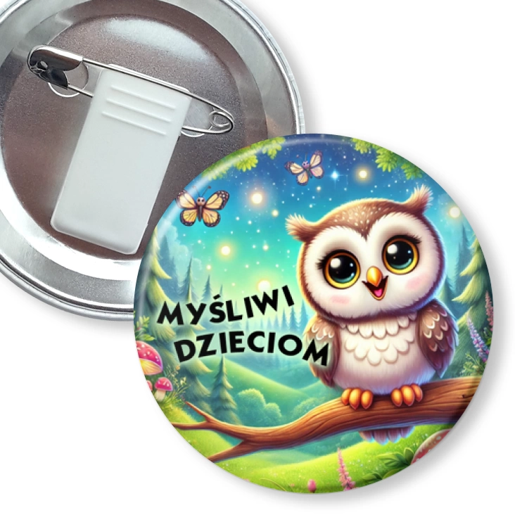 przypinka z żabką i agrafką Myśliwi dzieciom sowa