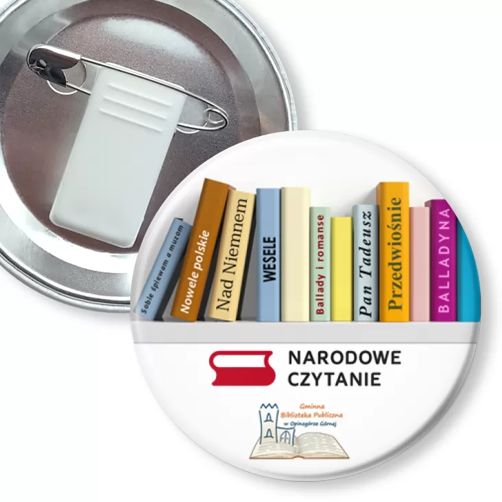 przypinka z żabką i agrafką Narodowe Czytanie 2025 Biblioteka w Opinogórze