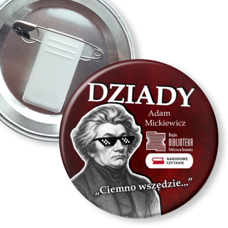 przypinka z żabką i agrafką Narodowe Czytanie Bibliotek Publiczna w Sosnowcu