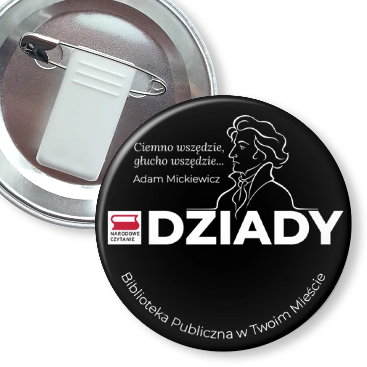 przypinka z żabką i agrafką Narodowe Czytanie Ciemno wszędzie