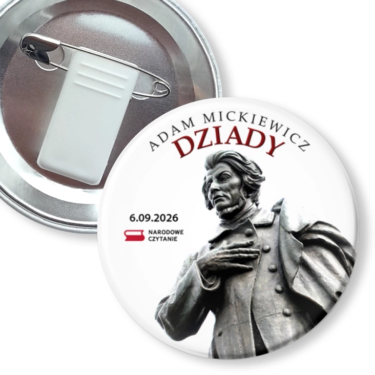 przypinka z żabką i agrafką Narodowe Czytanie Dziadów Adama Mickiewicza