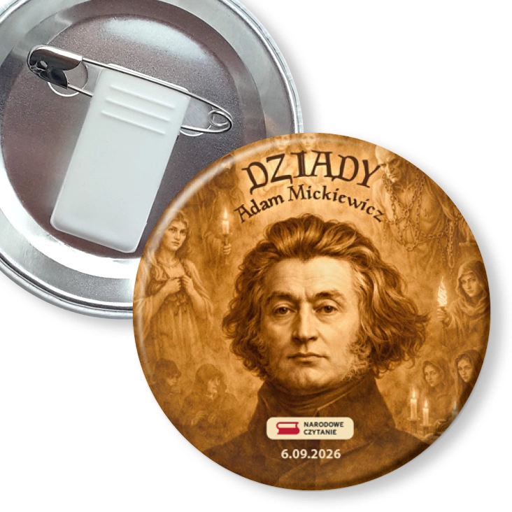 przypinka z żabką i agrafką Narodowe Czytanie Dziady Mickiewicza sepia
