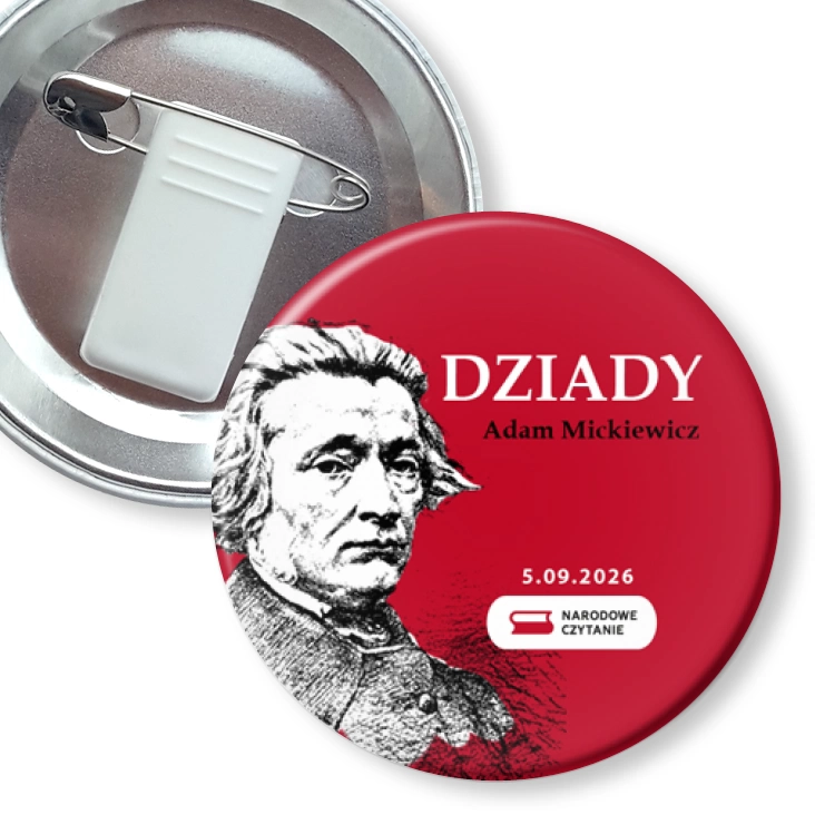 przypinka z żabką i agrafką Narodowe Czytanie Dziady na czerwonym tle