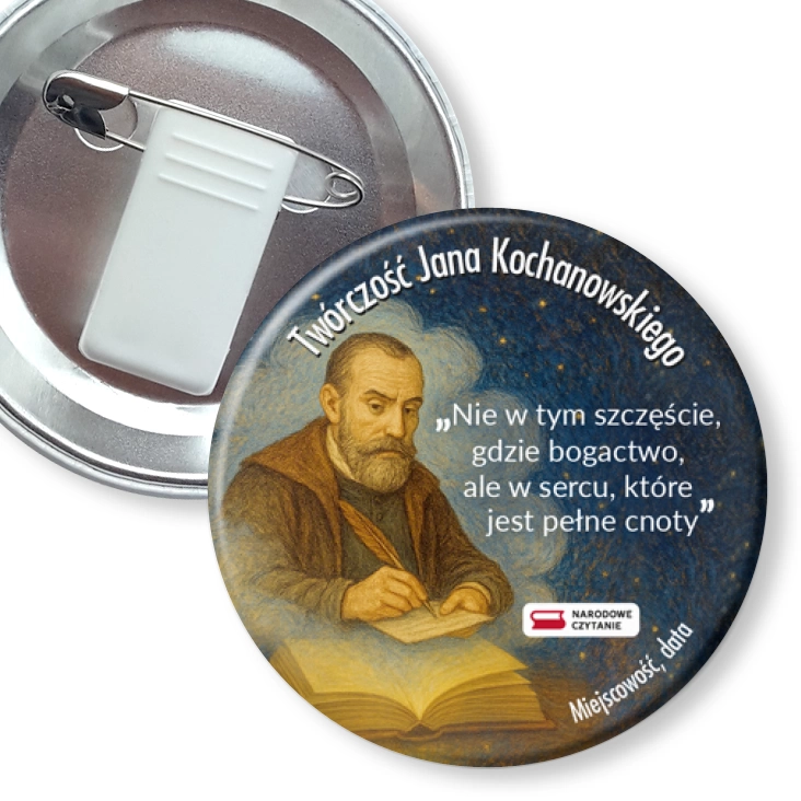 przypinka z żabką i agrafką Narodowe Czytanie Jan Kochanowski na granatowym tle