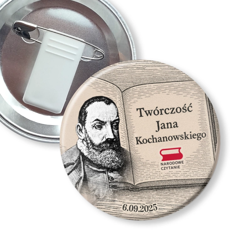 przypinka z żabką i agrafką Narodowe Czytanie Twórczość Jana Kochanowskiego