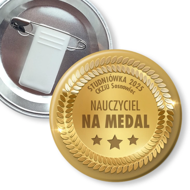 przypinka z żabką i agrafką Nauczyciel na medal Studniówka CKZiU Sosnowiec