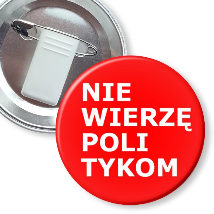 przypinka z żabką i agrafką Nie wierzę politykom