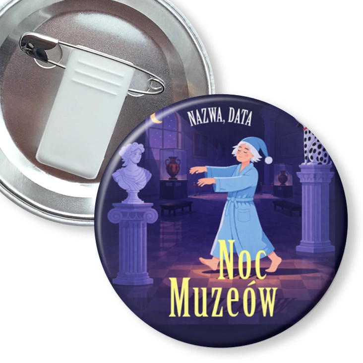 przypinka z żabką i agrafką Noc muzeów Lunatyk w muzeum