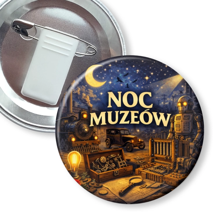 przypinka z żabką i agrafką Noc Muzeów - technika i przemysł