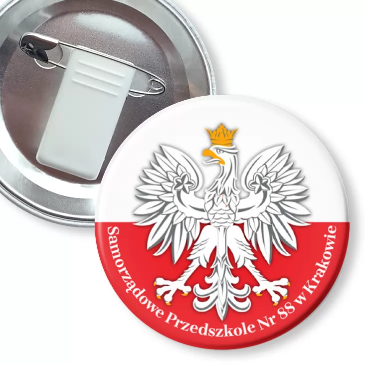 przypinka z żabką i agrafką Orzeł Samorządowe Przedszkole Nr 88 w Krakowie