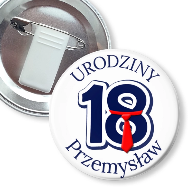 przypinka z żabką i agrafką Osiemnaste urodziny pod krawatem