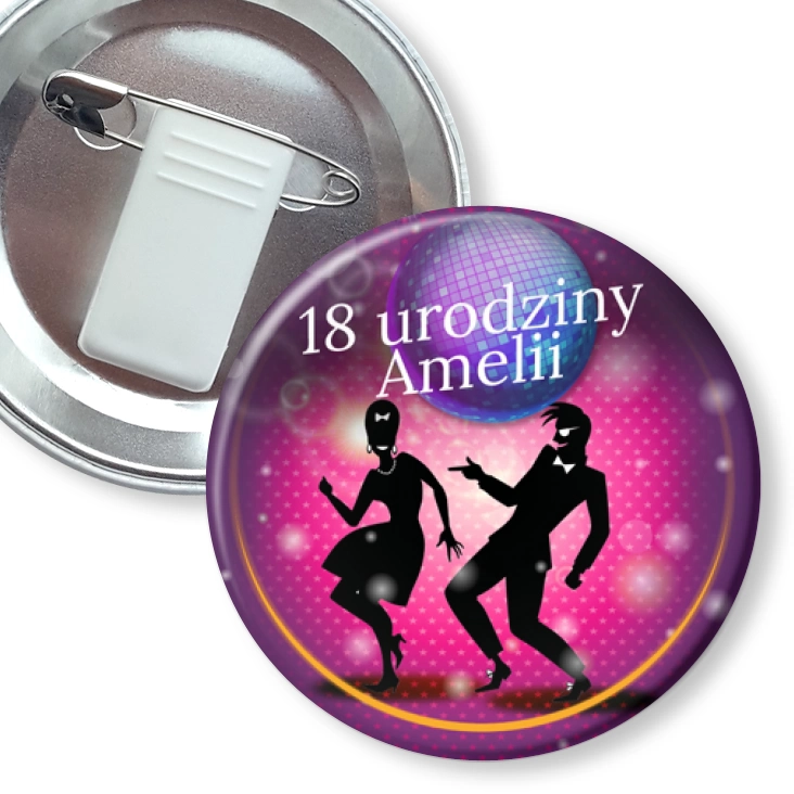 przypinka z żabką i agrafką Osiemnastka z imieniem lets go party