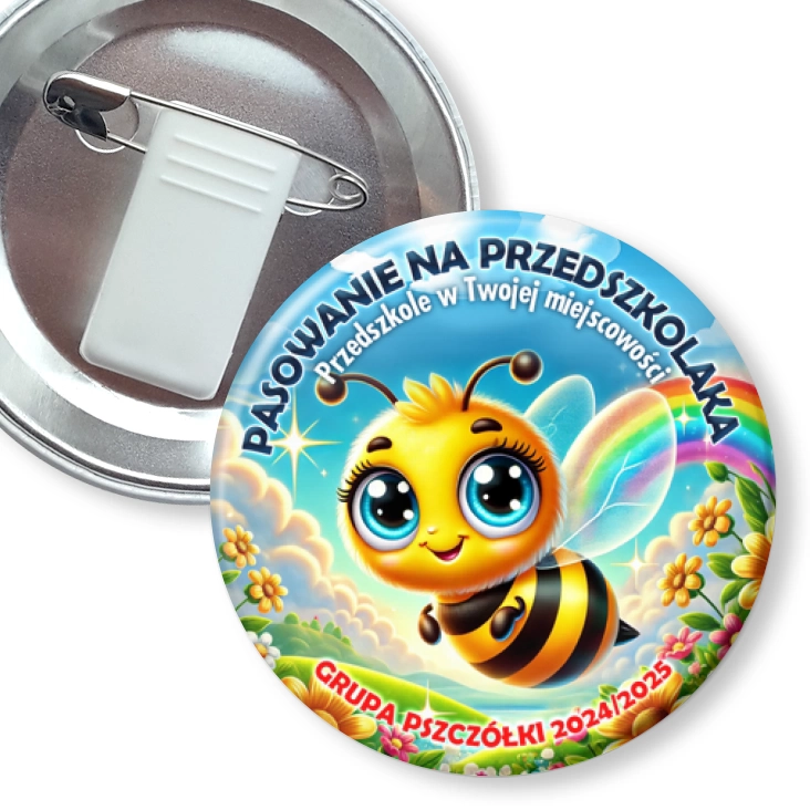 przypinka z żabką i agrafką Pasowanie na przedszkolaka grupa Pszczółki