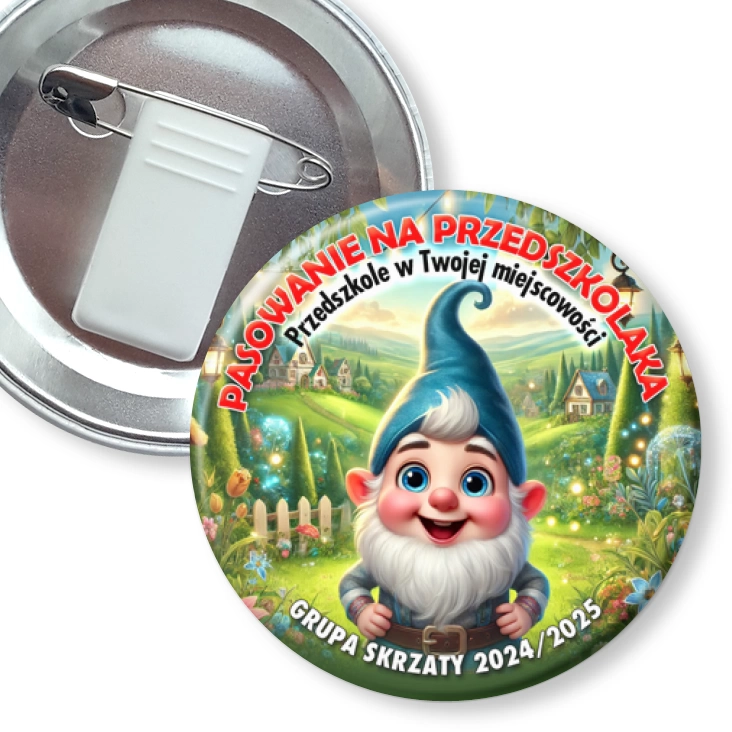 przypinka z żabką i agrafką Pasowanie na przedszkolaka grupa Skrzaty