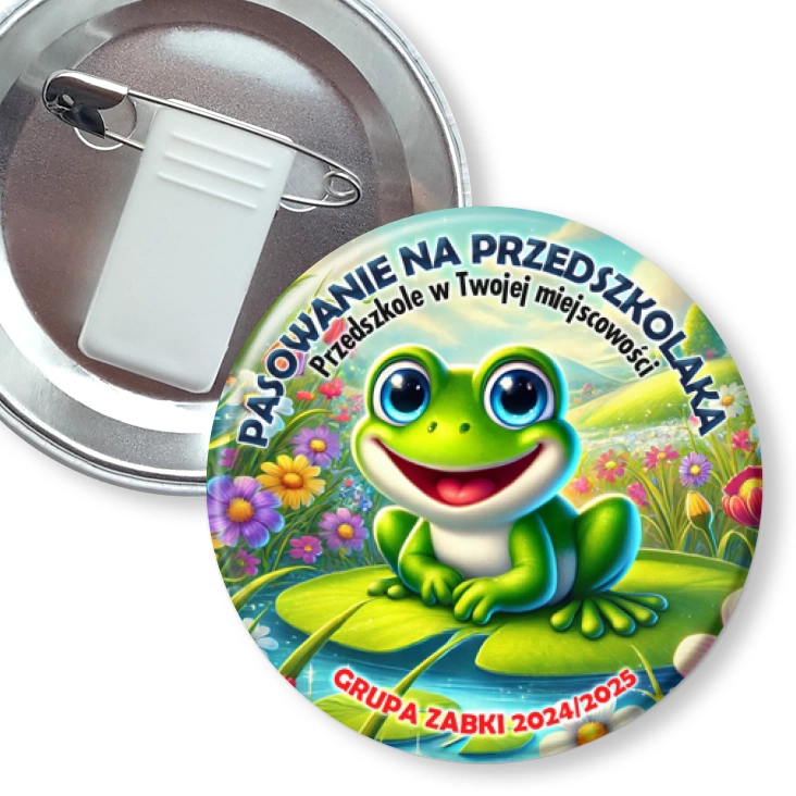 przypinka z żabką i agrafką Pasowanie na przedszkolaka grupa Żabki