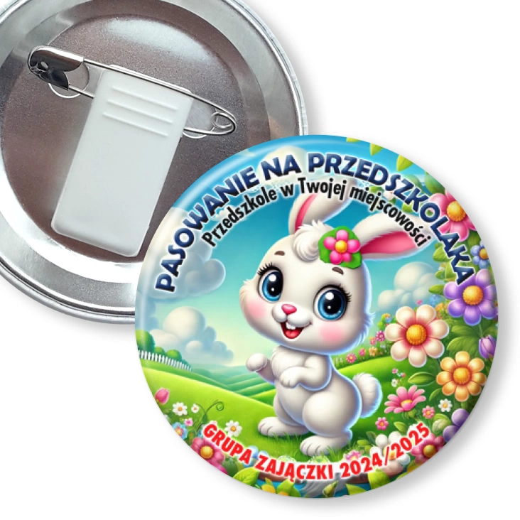 przypinka z żabką i agrafką Pasowanie na przedszkolaka grupa Zajączki