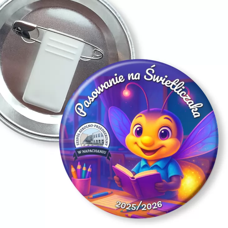 przypinka z żabką i agrafką Pasowanie na Świetliczaka ZSP Napachanie świetlik