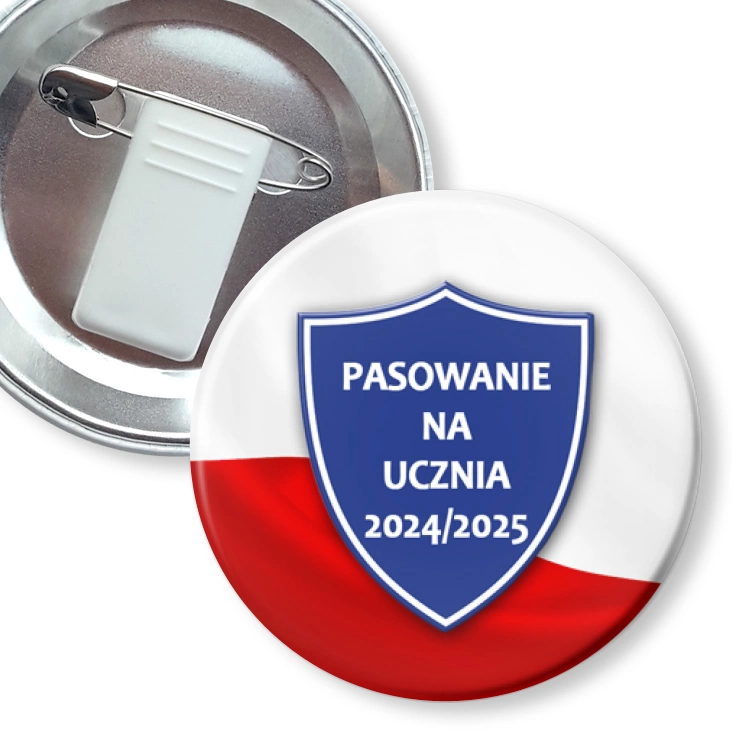 przypinka z żabką i agrafką Pasowanie na ucznia Tarcza
