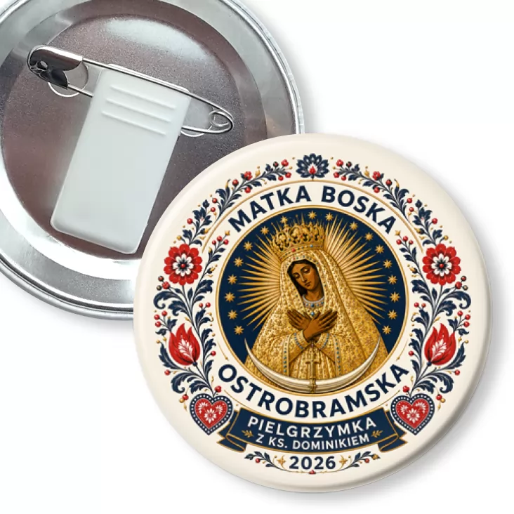 przypinka z żabką i agrafką Pielgrzymka do Matki Boskiej Ostrobramskiej