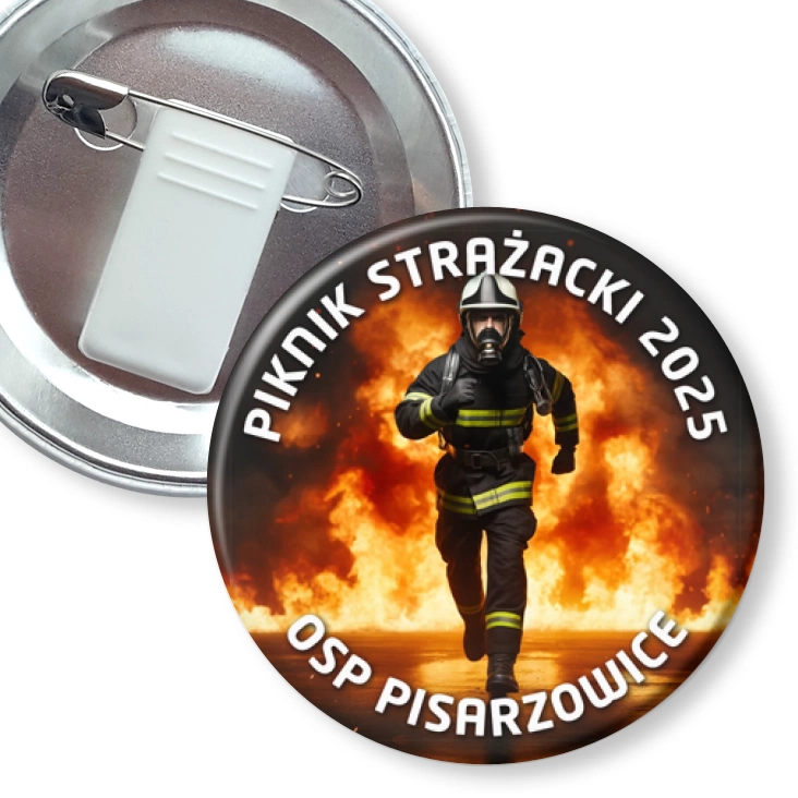 przypinka z żabką i agrafką Piknik Strażacki 2025 OSP Pisarzowice