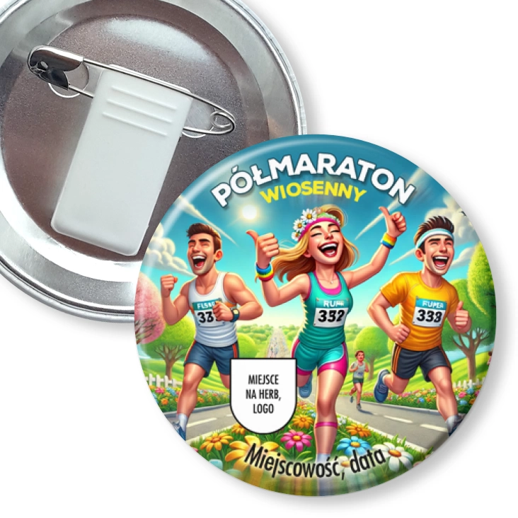 przypinka z żabką i agrafką Półmaraton wiosenny