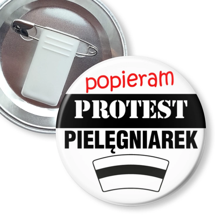 przypinka z żabką i agrafką Popieram protest pielęgniarek