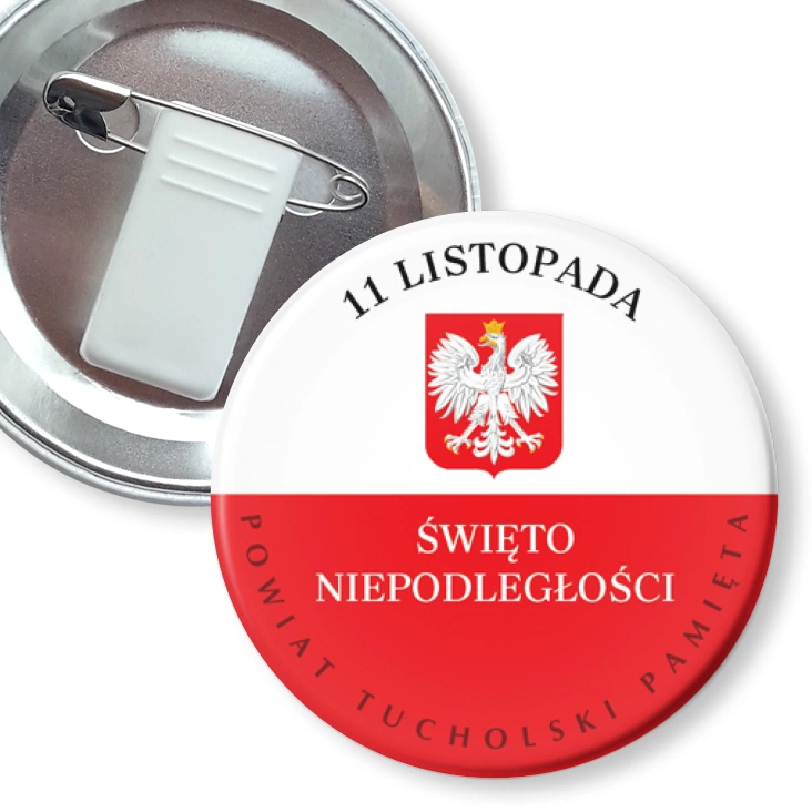 przypinka z żabką i agrafką Powiat Tucholski pamięta Święto Niepodległości