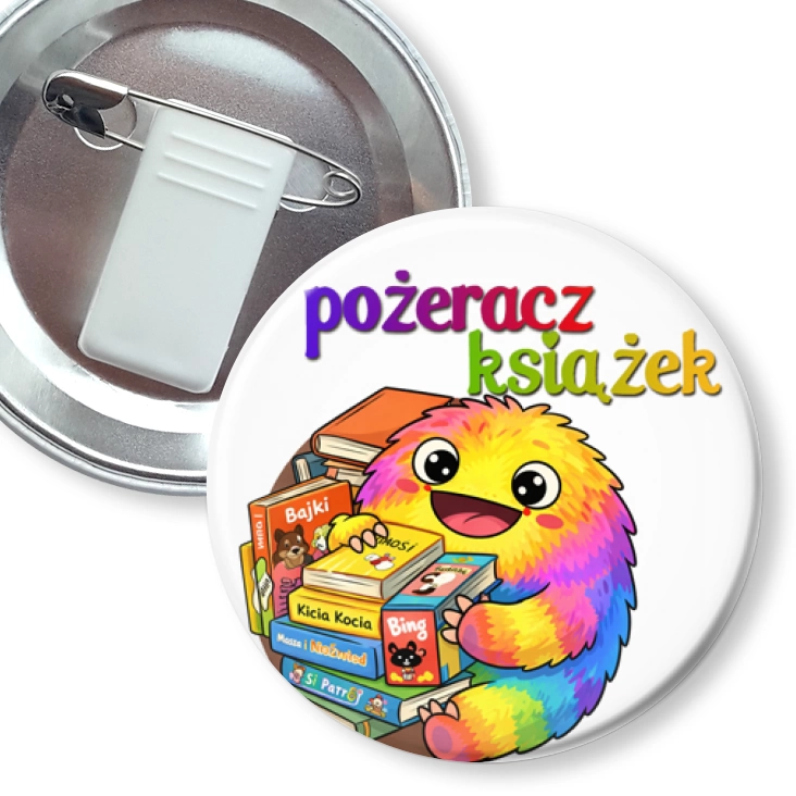 przypinka z żabką i agrafką Pożeracz książek dla dzieci
