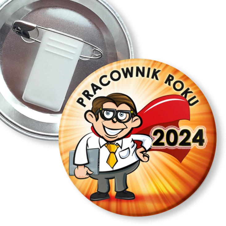 przypinka z żabką i agrafką Pracownik Roku superman w okularach