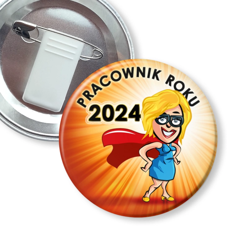 przypinka z żabką i agrafką Pracownik Roku superwoman w okularach