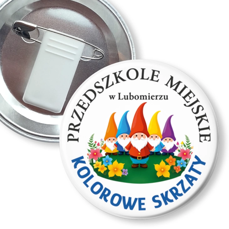 przypinka z żabką i agrafką Przedszkole Kolorowe Skrzaty