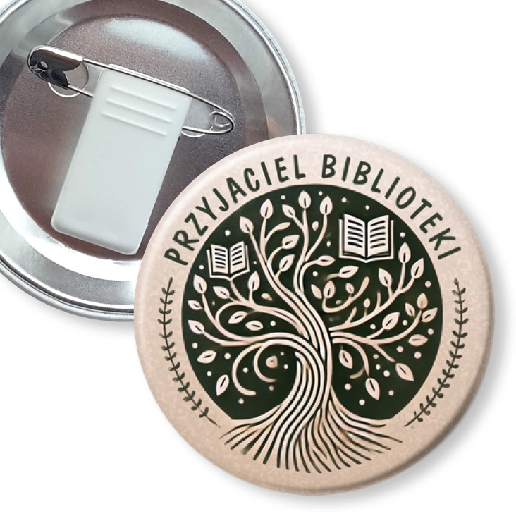 przypinka z żabką i agrafką Przyjaciel Biblioteki drzewo wiedzy